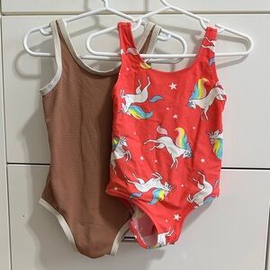 Kids One-Piece Swimsuits – Red Unicorn Print/textured tan
